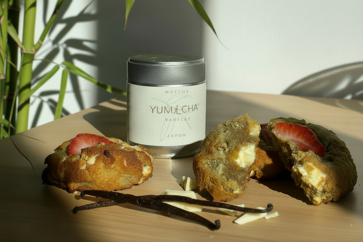 Matcha Vanille Yumecha, boîte 30 g — matcha de cérémonie à la vanille (en situation)