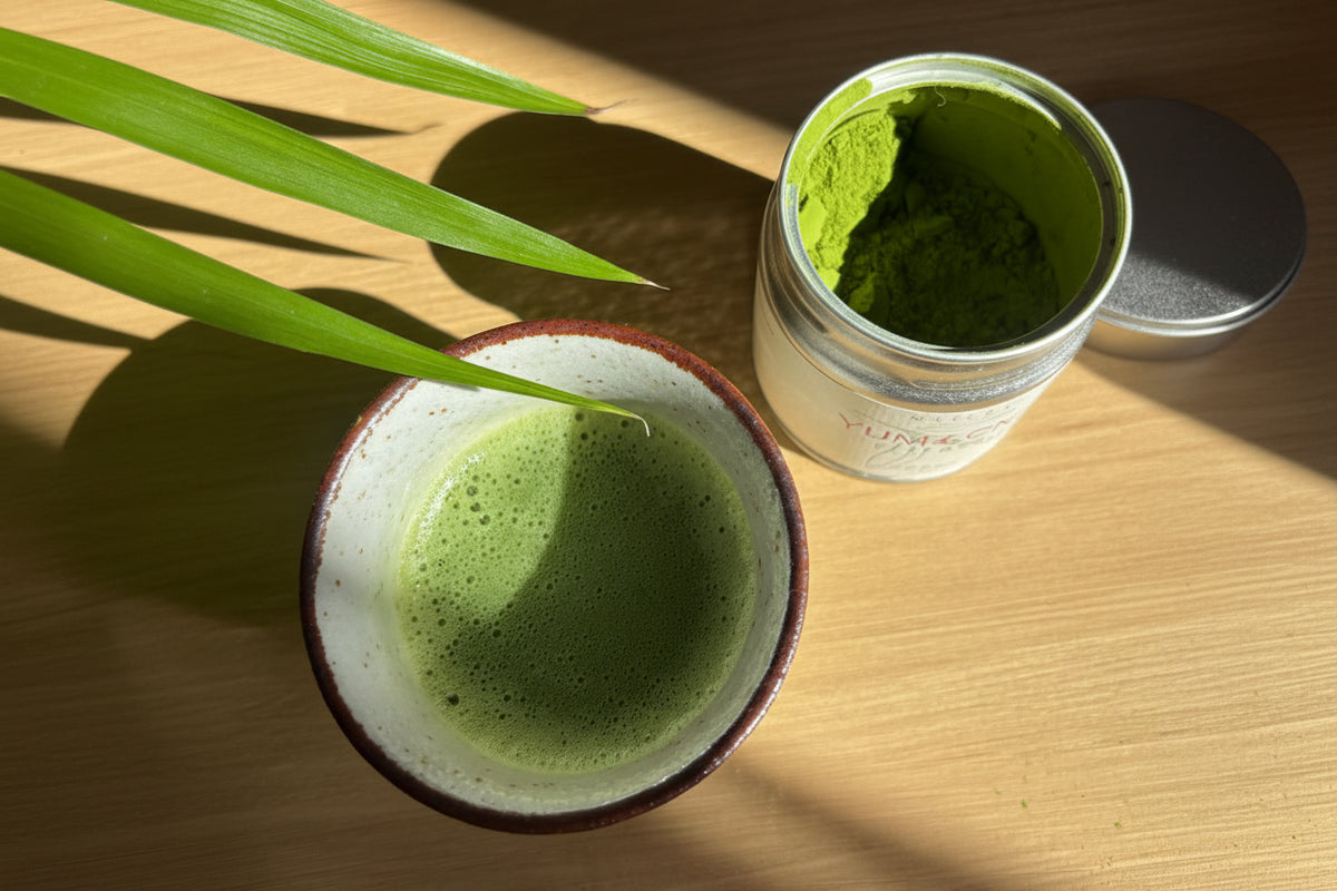 Matcha Cérémonie Yumecha, boîte 30 g — matcha de cérémonie d'Uji, Kyoto (en situation)